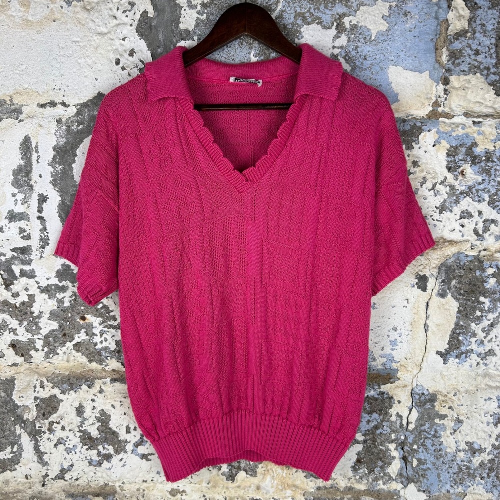 Vintage Keneth Too! Knit Polo Cotton Sweater Pink Short Sleeve USA  Womens XL